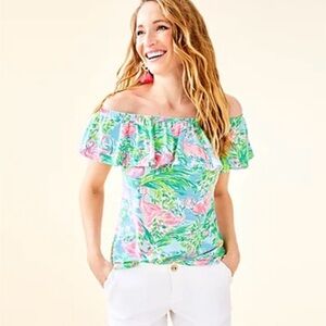 XL Lilly Pulitzer La Fortuna Off the Shoulder Flamingo top